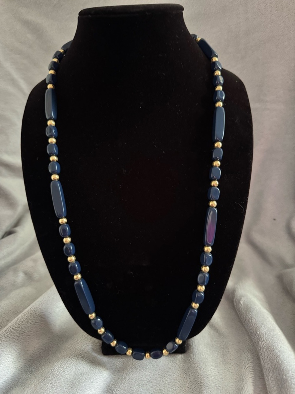Vintage Trifari Navy Bead Necklace with Gold Accents